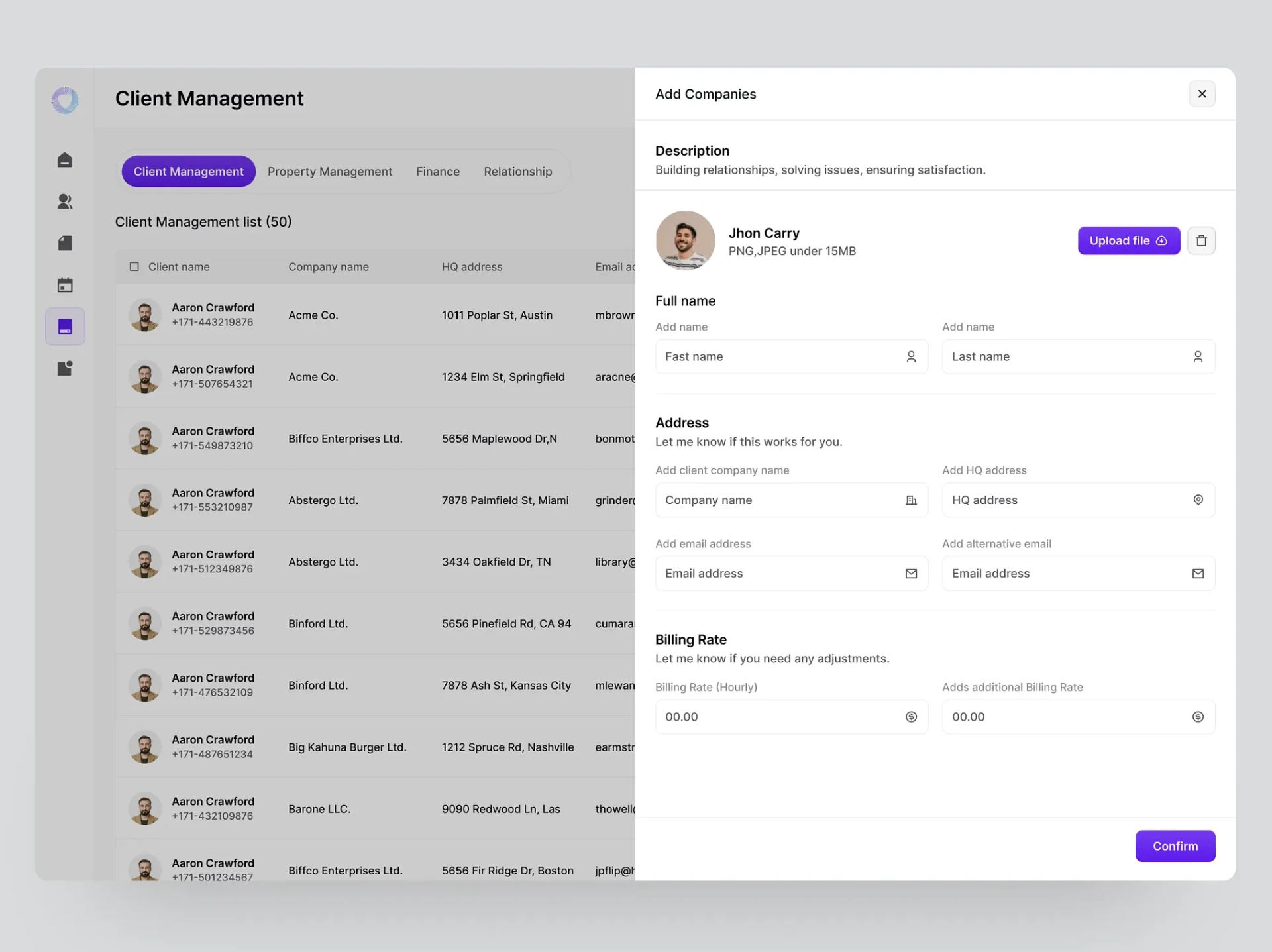 Job system interface showing client management list and company details form
