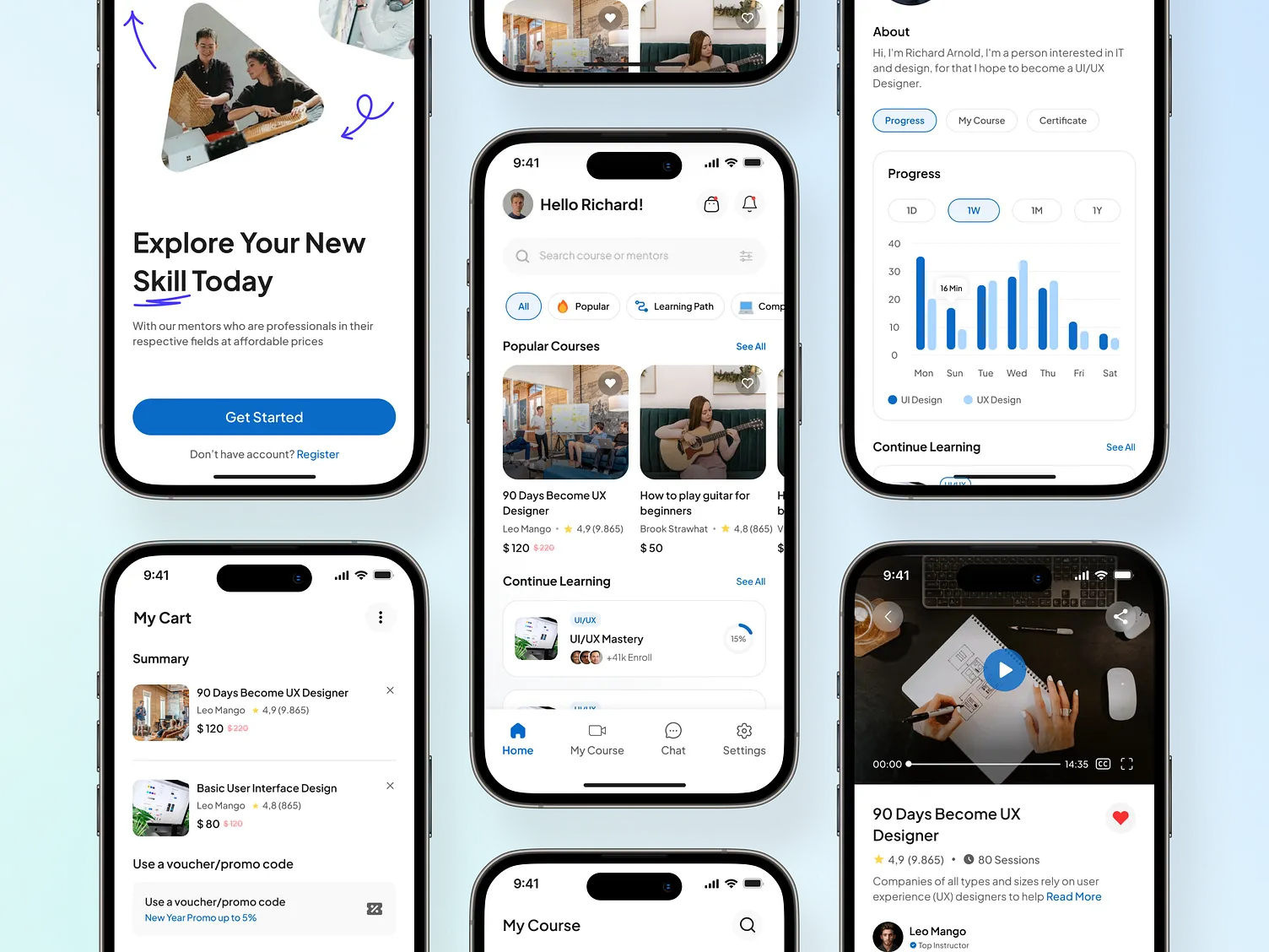 Mobile app screens for a learning management system