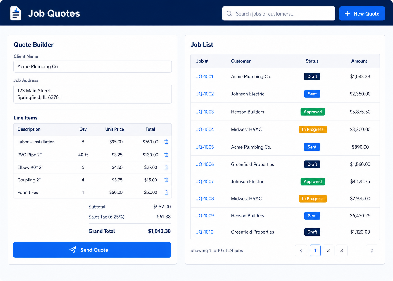 quote builder and job list