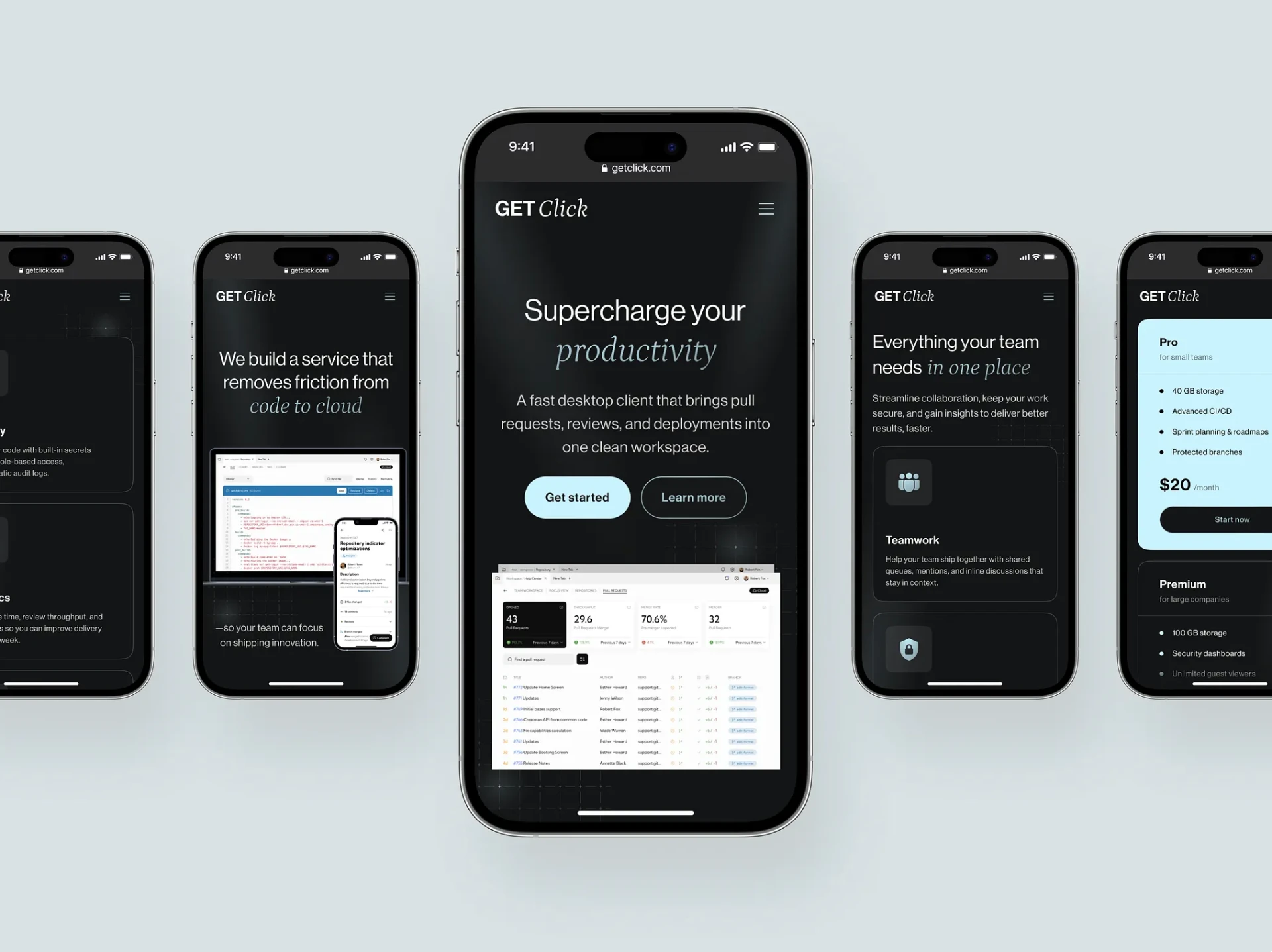 Mobile app dashboard detail showing job status and team tools