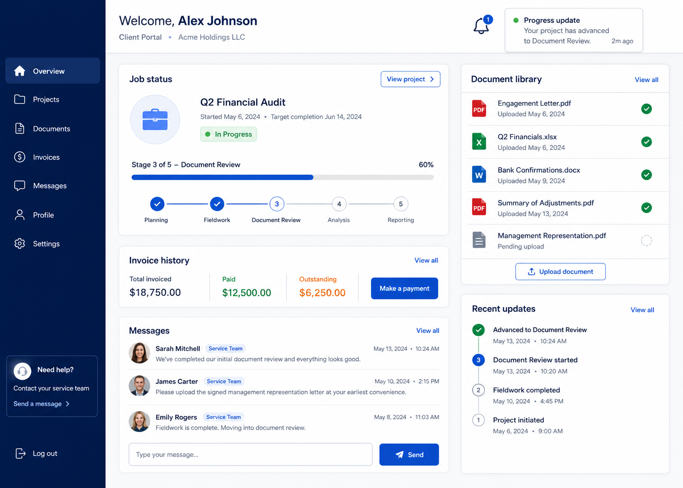 client portal status view